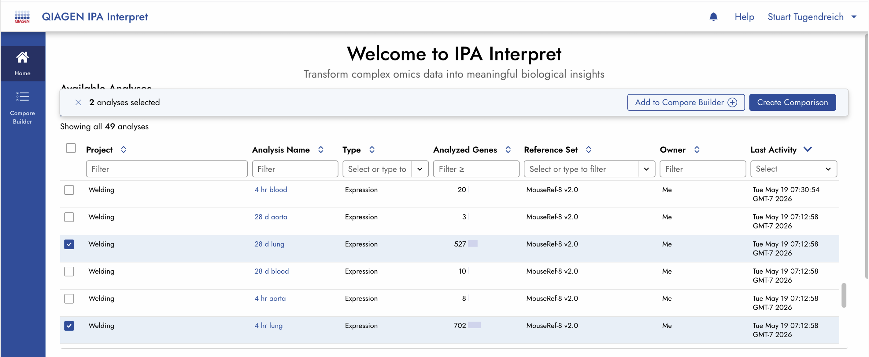 Compare Builder에 추가할 분석 선택하기